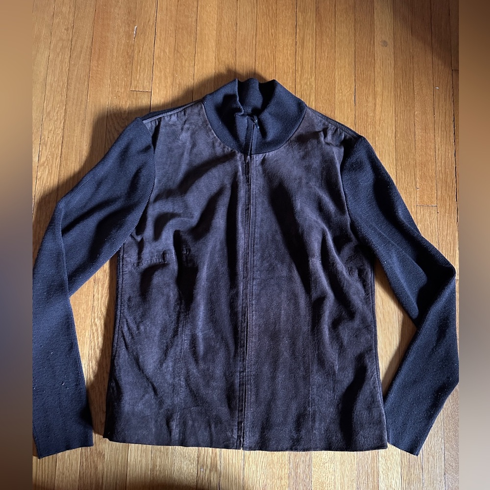 Mossimo Y2K Mocha Brown Suede Jacket with Knit Sleeves, Size L